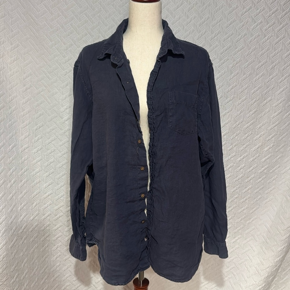 Linen Navy Blue Long-Sleeve Button-Up Shirt XL